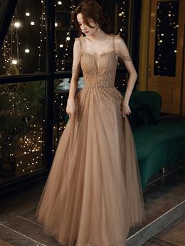 Picture of Champagne Beaded Tulle Straps Long Party Dress, A-line Tulle Formal Dress Formal Dress